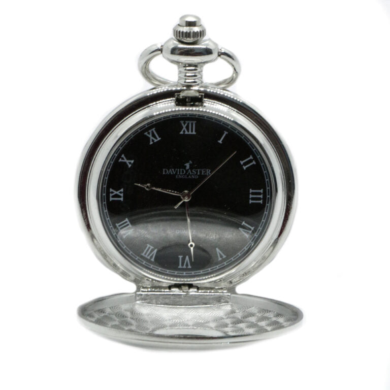 Silver Satin Finish and Black Face Quartz Half Hunter Pocket Watch