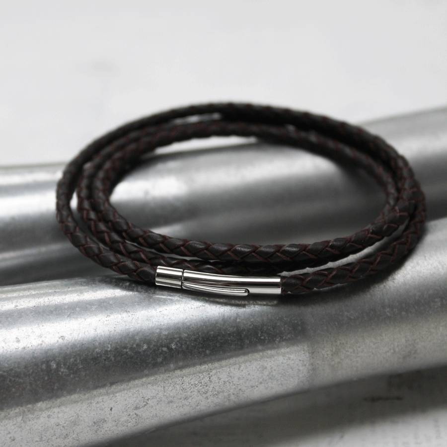 Stainless Steel Genuine 3mm Double Wrap Leather Bracelet