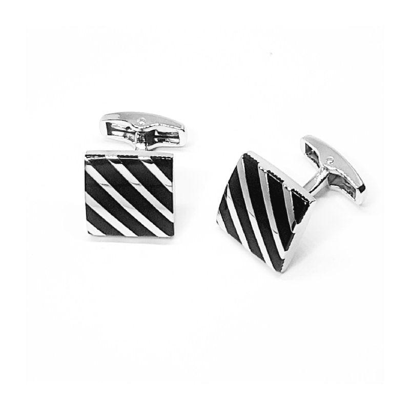 Rhodium Plated Black Striped Enamel Square Cufflinks