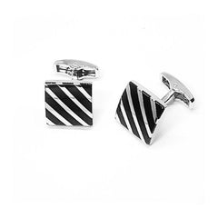 Rhodium Plated Black Striped Enamel Square Cufflinks