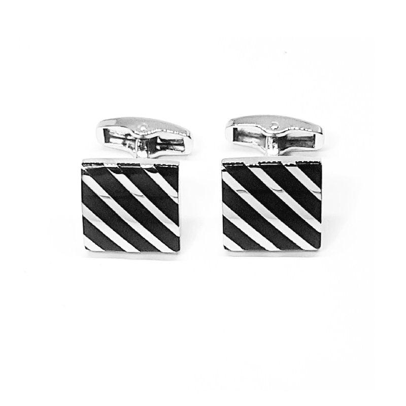 Rhodium Plated Black Striped Enamel Square Cufflinks