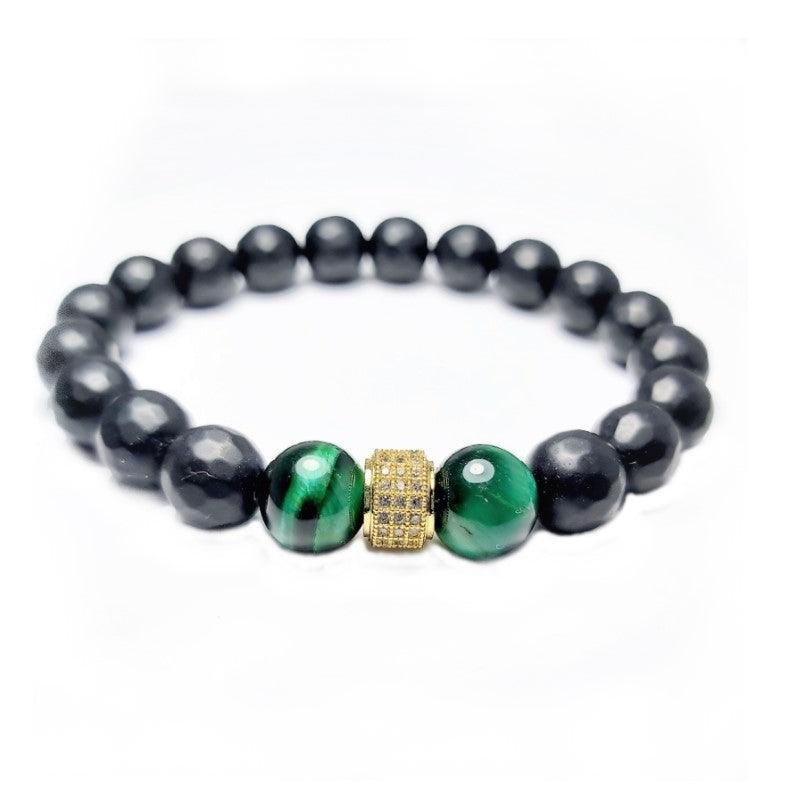 Black Faceted Agate and Green Tiger Eye  Beaded Bracelet