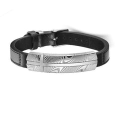 Damascus Steel and Black Leather  Bracelet