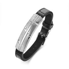 Damascus Steel and Black Leather  Bracelet