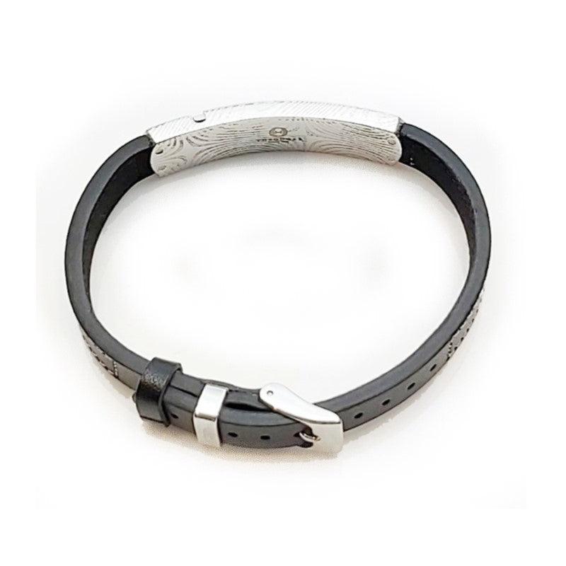 Damascus Steel and Black Leather  Bracelet