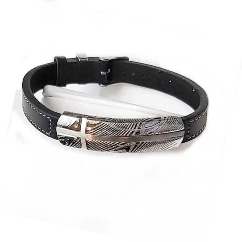 Damascus Steel and Black Leather  Bracelet