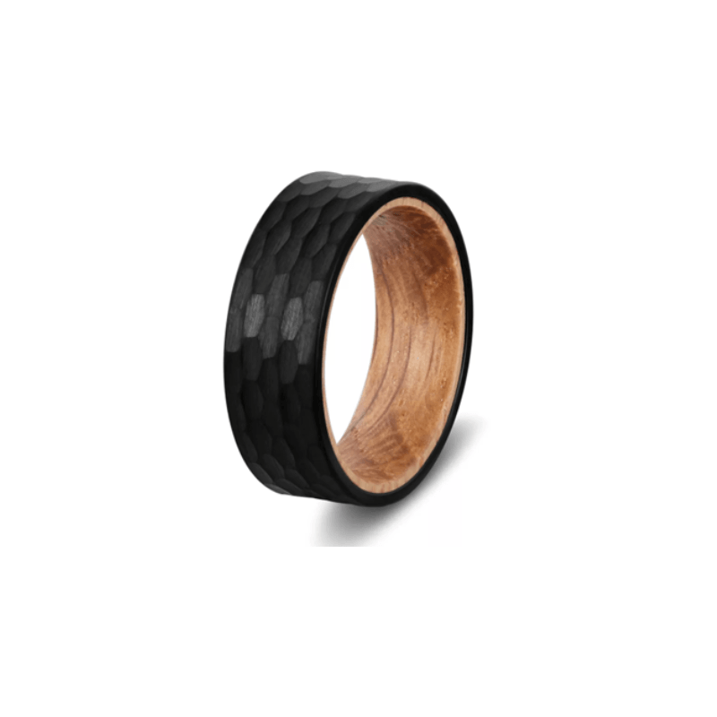 Authentic Whiskey Oak Barrel  Wood and Black Tungsten Hammered Ring