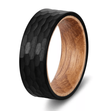 Authentic Whiskey Oak Barrel  Wood and Black Tungsten Hammered Ring