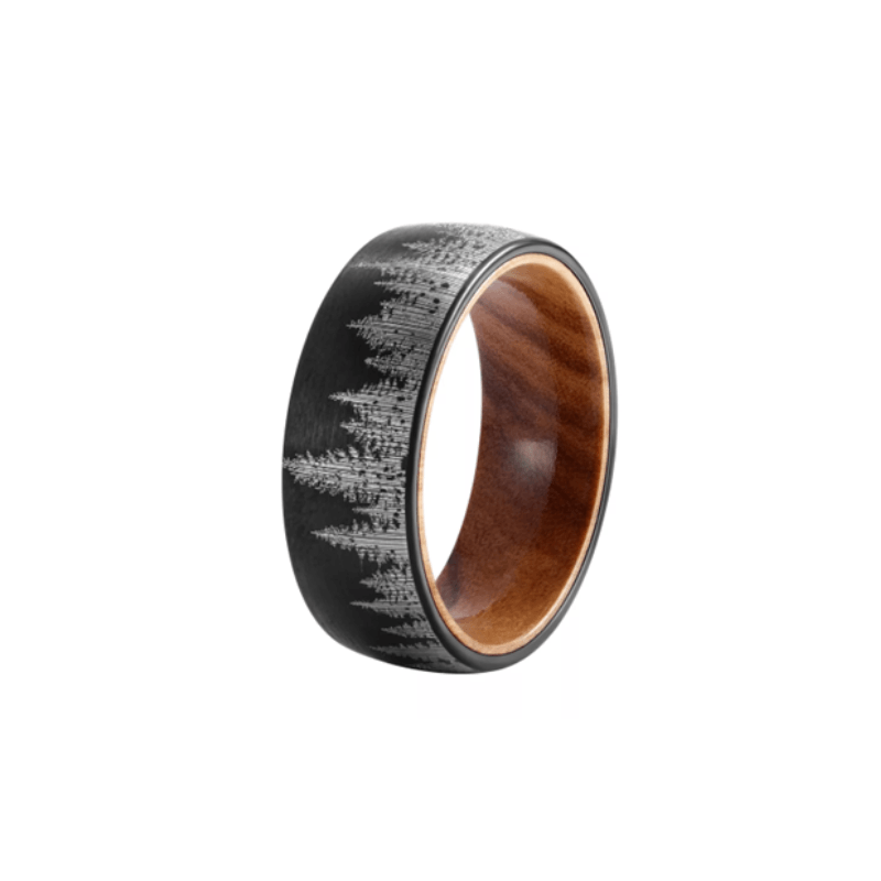 Theodore Black Tungsten Ring Matt Finished Oliver Wood Inlay Forest Pattern ring - Theodore Designs