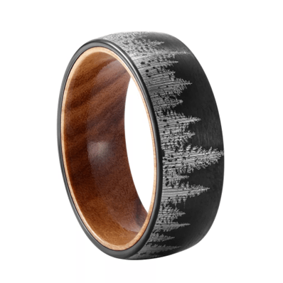 Theodore Black Tungsten Ring Matt Finished Oliver Wood Inlay Forest Pattern ring - Theodore Designs