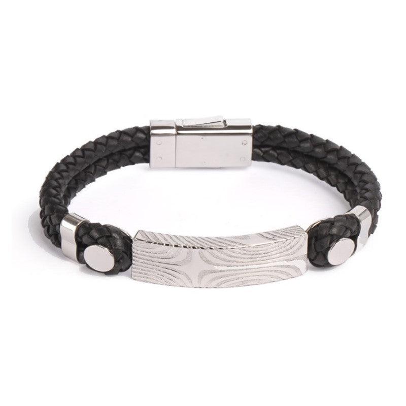 Theodore Damascus Steel ID and Braided Black Leather Bracelet - Theodore Designs