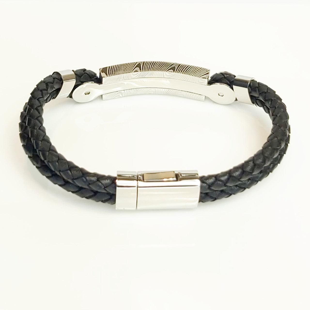 Theodore Damascus Steel ID and Braided Black Leather Bracelet - Theodore Designs