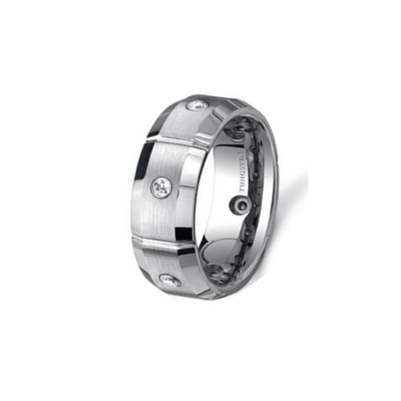 Theodore Silver stone set Tungsten Carbide Satin top beveled Edge Ring - Theodore Designs