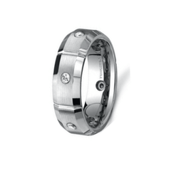 ilver Tungsten Carbide Beveled Edge Ring with Stone Set