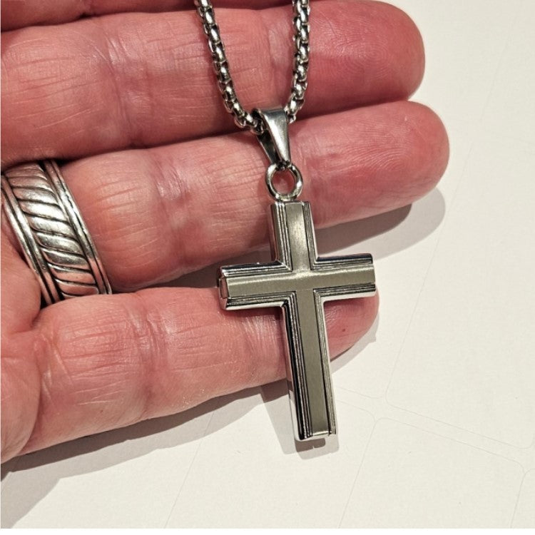 Stainless Steel Cross with Satin Inlay  Pendant