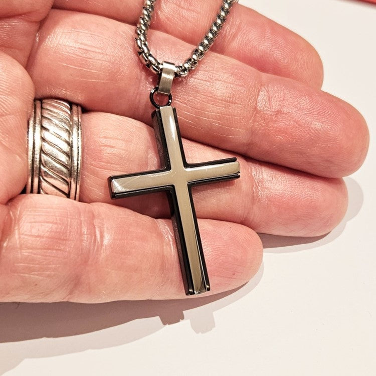 Stainless Steel and Polished Black IP-Plated Cross Necklace