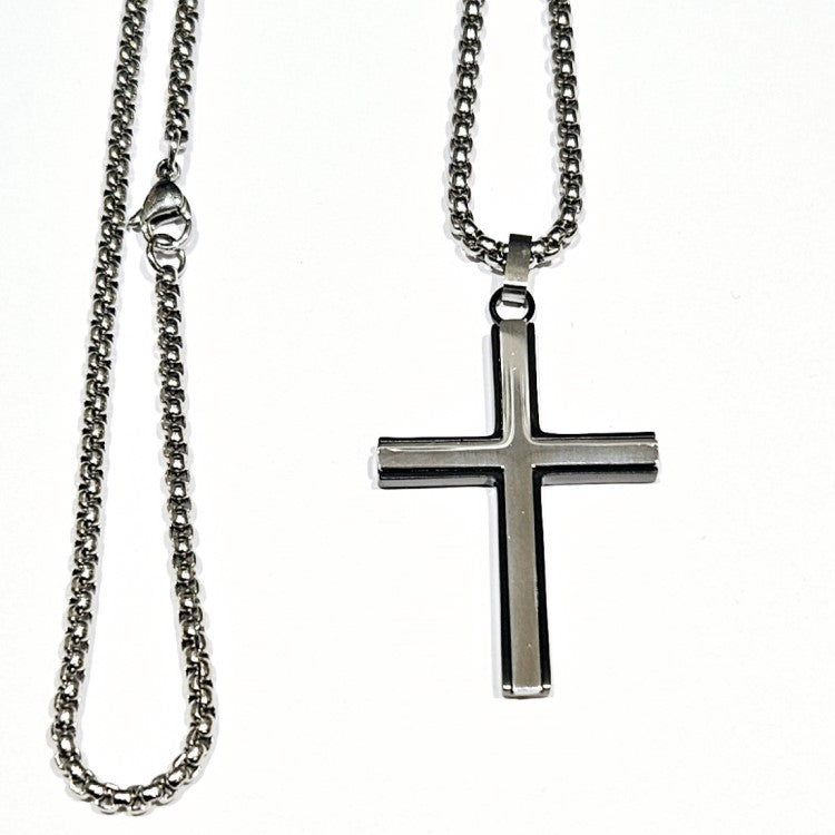 Men's Stainless Steel and Polished Black IP-Plated Cross Necklace