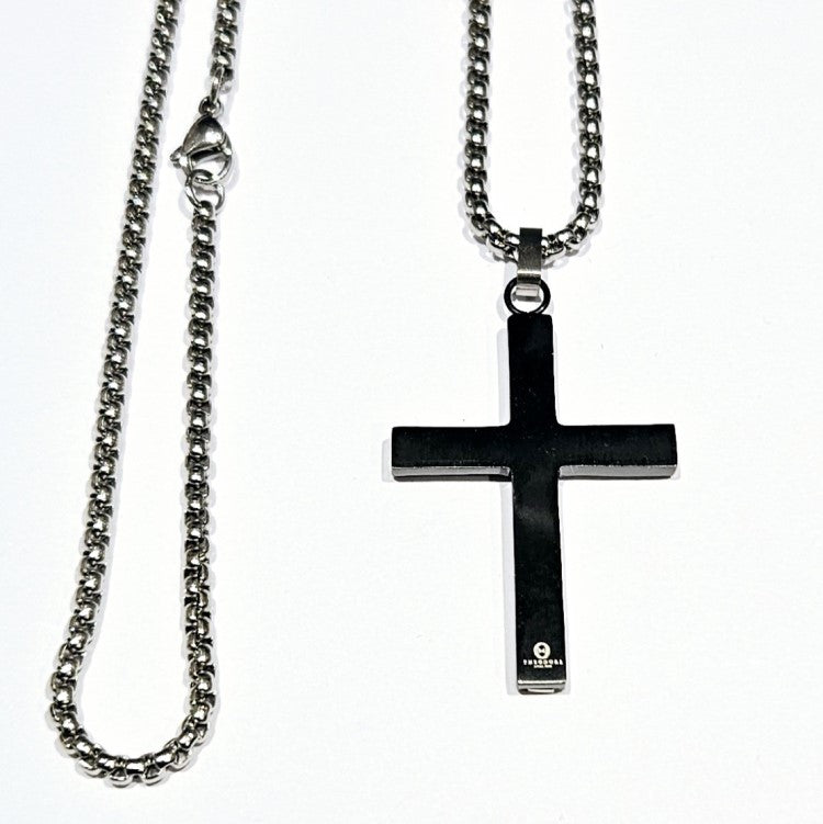 Men's Stainless Steel and Polished Black IP-Plated Cross Necklace