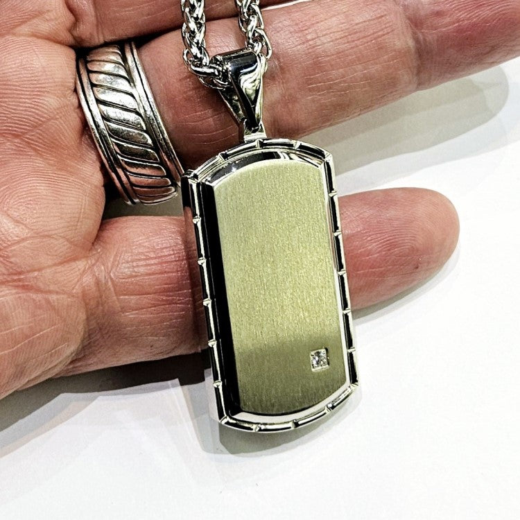 Silver or Gold Dog Tag Pendant with Single Zirconium