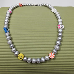 Gray Baroque Freshwater Pearl Necklace with Assorted Smiley Cat Face Beads