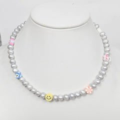 Gray Baroque Freshwater Pearl Necklace with Assorted Smiley Cat Face Beads