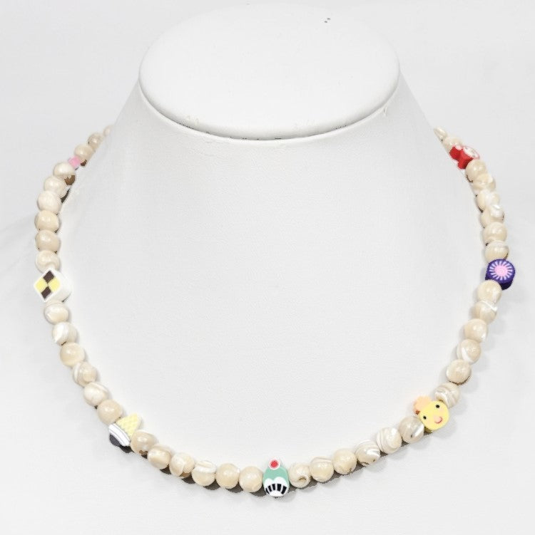 Gray Baroque Freshwater Pearl Necklace with Assorted Smiley Cat Face Beads