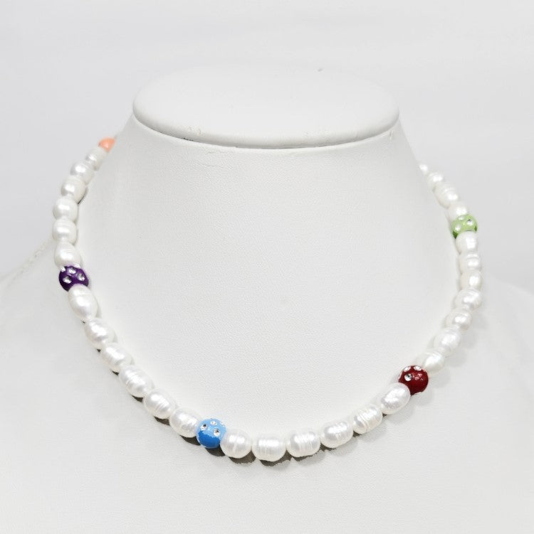 Gray Baroque Freshwater Pearl Necklace with Assorted Smiley Cat Face Beads