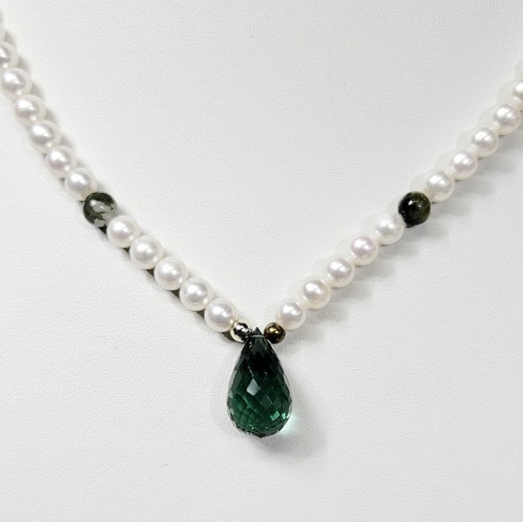 Cultured Pearl Necklace with 14k Gold Spacers and Green Briolette Tourmaline Necklace