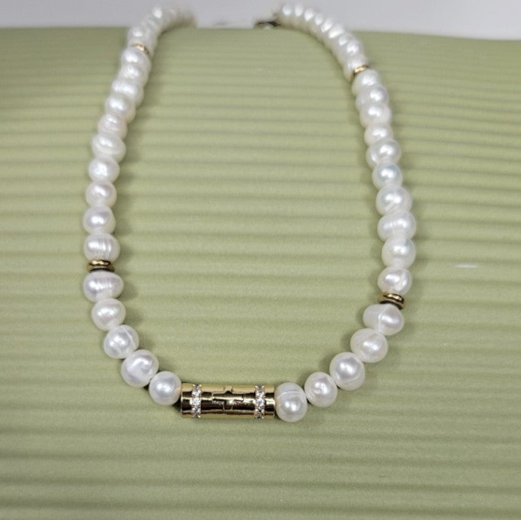 Beaded Necklace with Baroque Freashwater Pearls, and Tubular cross charm