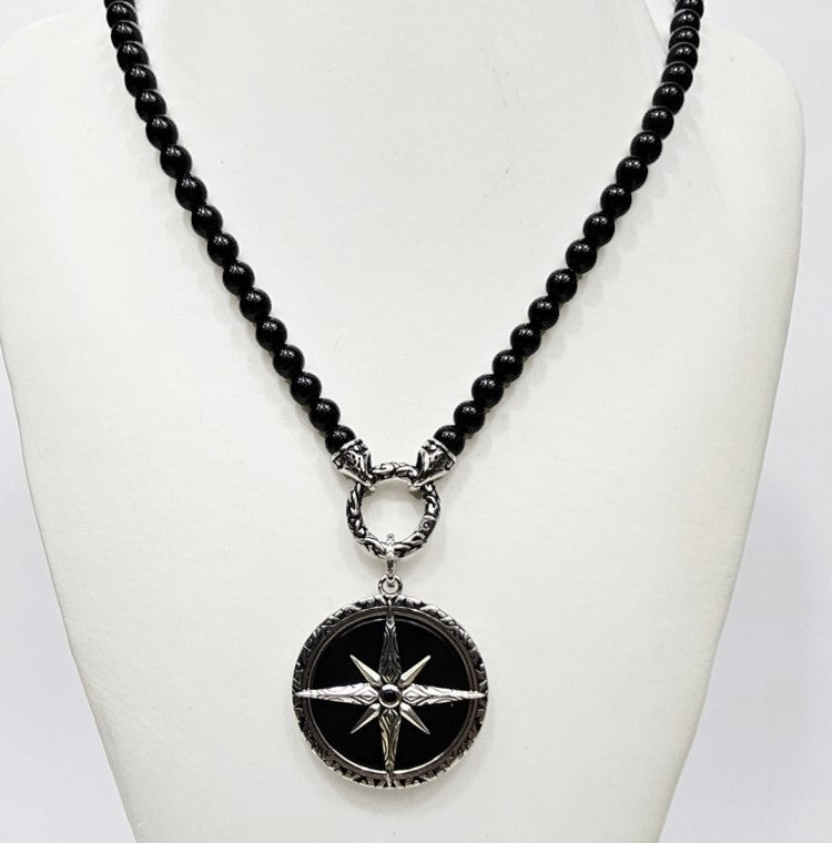 Black Onyx Beaded Necklace with Silver and Onyx North Star Pendant