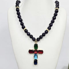 Large Silver Gold Plated Cross with Austrian Crystals Strang on a Amethyst beaded necklace