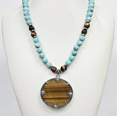 Large Silver Tiger Eye Pendant Strang on Turquoise and Tiger Eye bead Necklaces