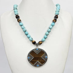 Large Silver Tiger Eye Pendant Strang on Turquoise and Tiger Eye bead Necklaces