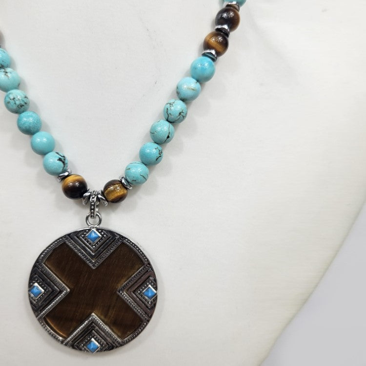 Large Silver Tiger Eye Pendant Strang on Turquoise and Tiger Eye bead Necklaces