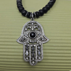 Large Silver Hand Of Hemsa Austrian Crystals Strang on Matte Onyx beaded necklace