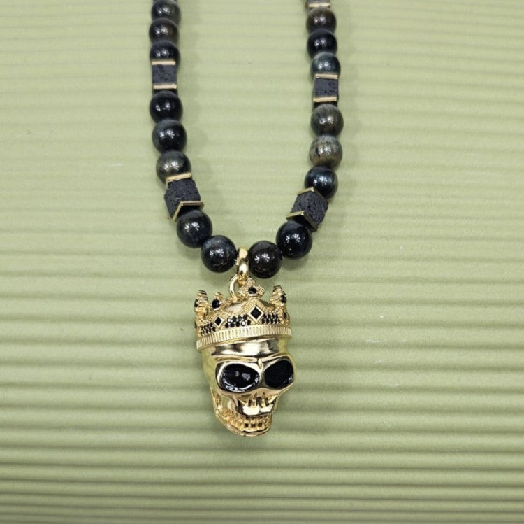 Large Silver Gold Plated Skull With Crown Pendant Strang on BlueTiger Eye bead Necklaces