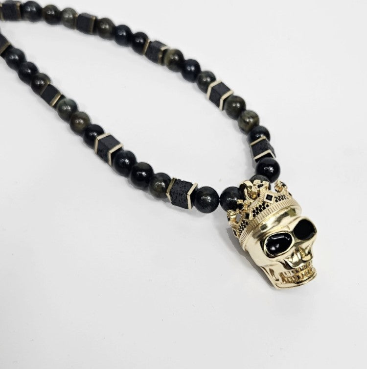 Large Silver Gold Plated Skull With Crown Pendant Strang on BlueTiger Eye bead Necklaces