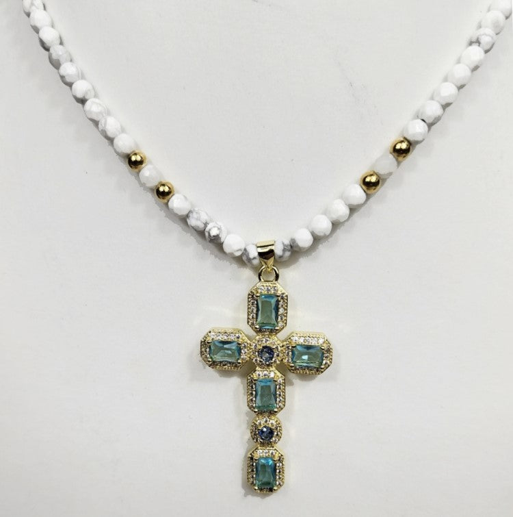 Silver Gold Plated Cross with Aquamarine Austrian Crystals and 4mm Howlite necklace