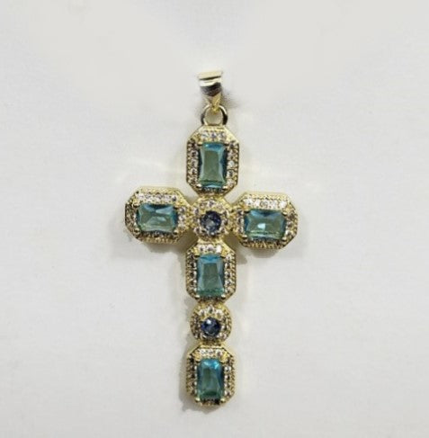 Silver Gold Plated Cross with Aquamarine Austrian Crystals and 4mm Howlite necklace