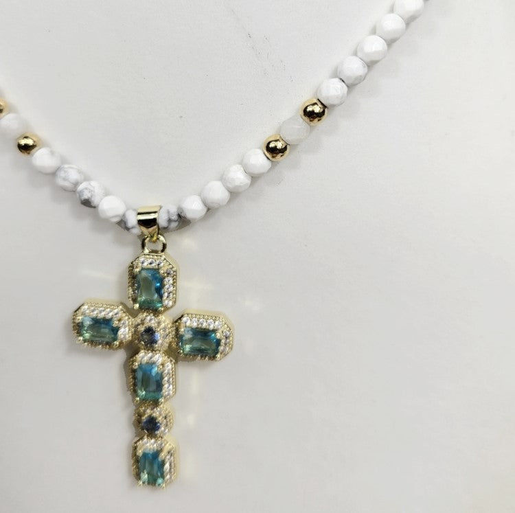 Silver Gold Plated Cross with Aquamarine Austrian Crystals and 4mm Howlite necklace