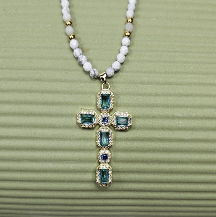 Silver Gold Plated Cross with Aquamarine Austrian Crystals and 4mm Howlite necklace