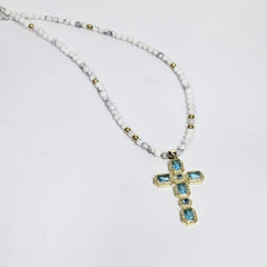 Silver Gold Plated Cross with Aquamarine Austrian Crystals and 4mm Howlite necklace