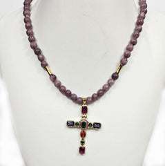 Silver Gold Plated Cross with Coloured Cubic Zirconia and 6mm Lepidolite necklace