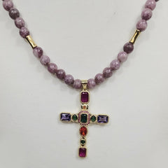 Silver Gold Plated Cross with Coloured Cubic Zirconia and 6mm Lepidolite necklace