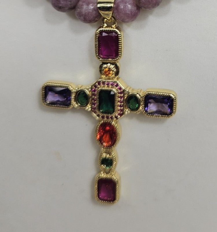 Silver Gold Plated Cross with Coloured Cubic Zirconia and 6mm Lepidolite necklace