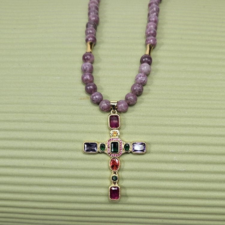 Silver Gold Plated Cross with Coloured Cubic Zirconia and 6mm Lepidolite necklace