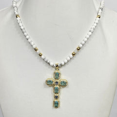 Silver Gold Plated Cross with Aquamarine Austrian Crystals and 4mm Howlite necklace