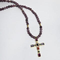 Silver Gold Plated Cross with Coloured Cubic Zirconia and 6mm Lepidolite necklace