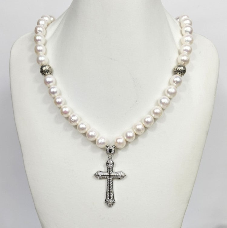 Sterling Silver Cross with Cubic Zirconia and Baroque Pearls Necklace