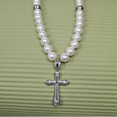 Sterling Silver Cross with Cubic Zirconia and Baroque Pearls Necklace